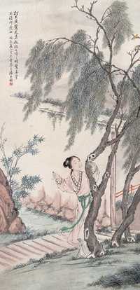 潘振镛 丙辰（1916年）作 柳荫戏莺图 轴